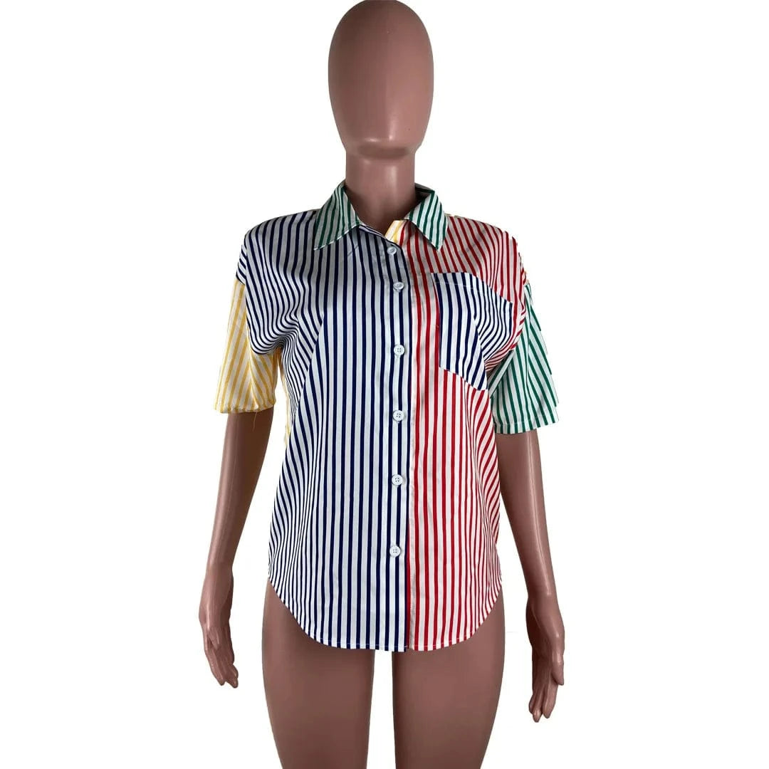 GX3150 Fashion Summer Clothing Women Vendor Lapel Short Sleeve Striped Color Patchwork Elegant Tops Sexy Blouses & Shirt