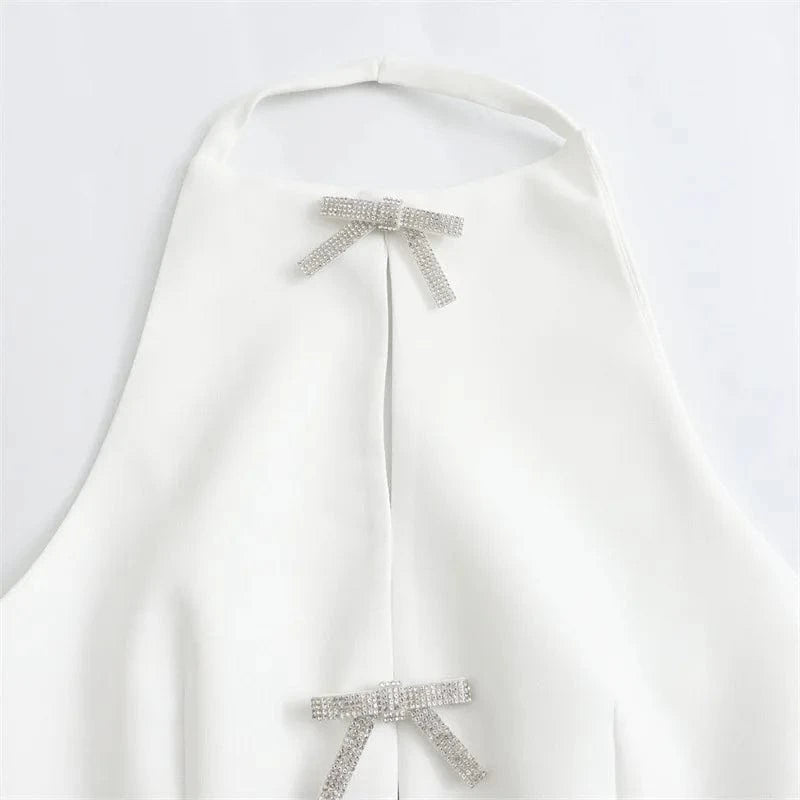 GX3777 fashion 2024 summer women's street wear halter blouse ladies hollow out backless unique sequin bow design sleeveless top