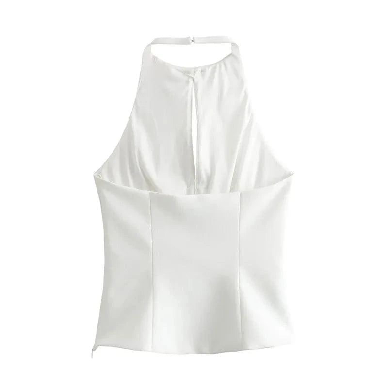 GX3777 fashion 2024 summer women's street wear halter blouse ladies hollow out backless unique sequin bow design sleeveless top