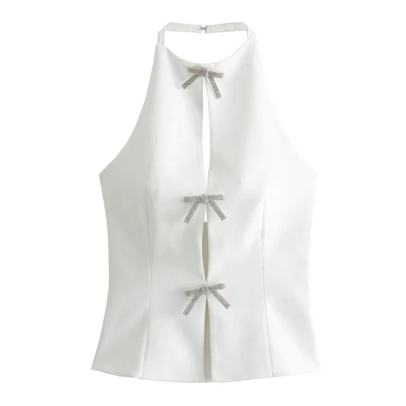 GX3777 fashion 2024 summer women's street wear halter blouse ladies hollow out backless unique sequin bow design sleeveless top