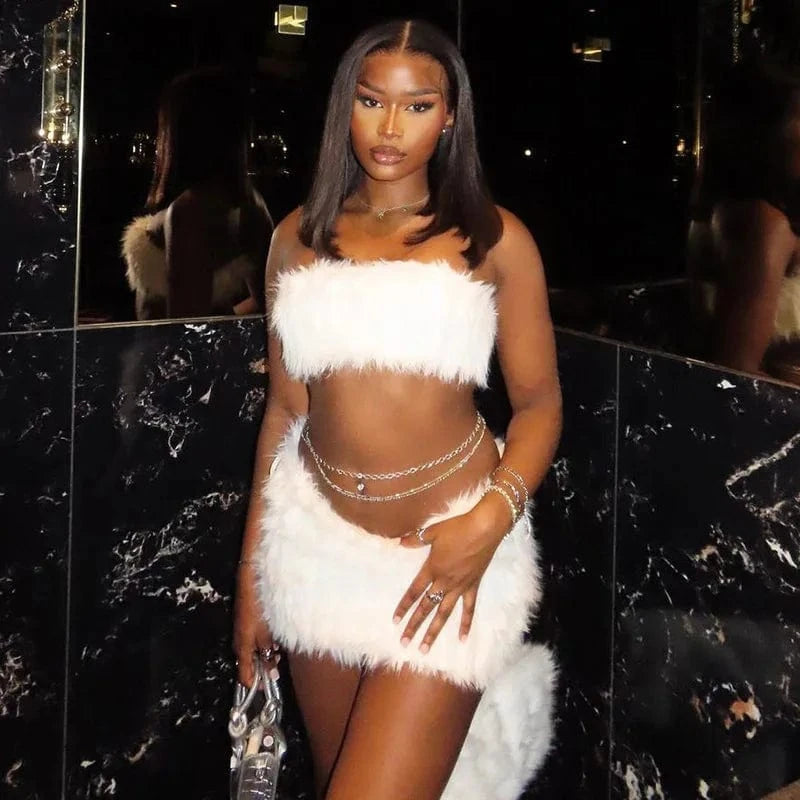 GX4876 Fashion 2024 Women Women's Clothes Boutique Lady Streetwear Fuzzy Outfits Tube Top and Mini Skirt 2 Pieces Sets