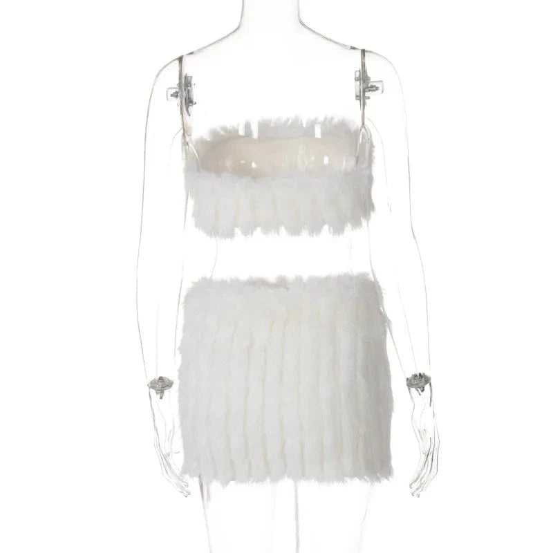 GX4876 Fashion 2024 Women Women's Clothes Boutique Lady Streetwear Fuzzy Outfits Tube Top and Mini Skirt 2 Pieces Sets