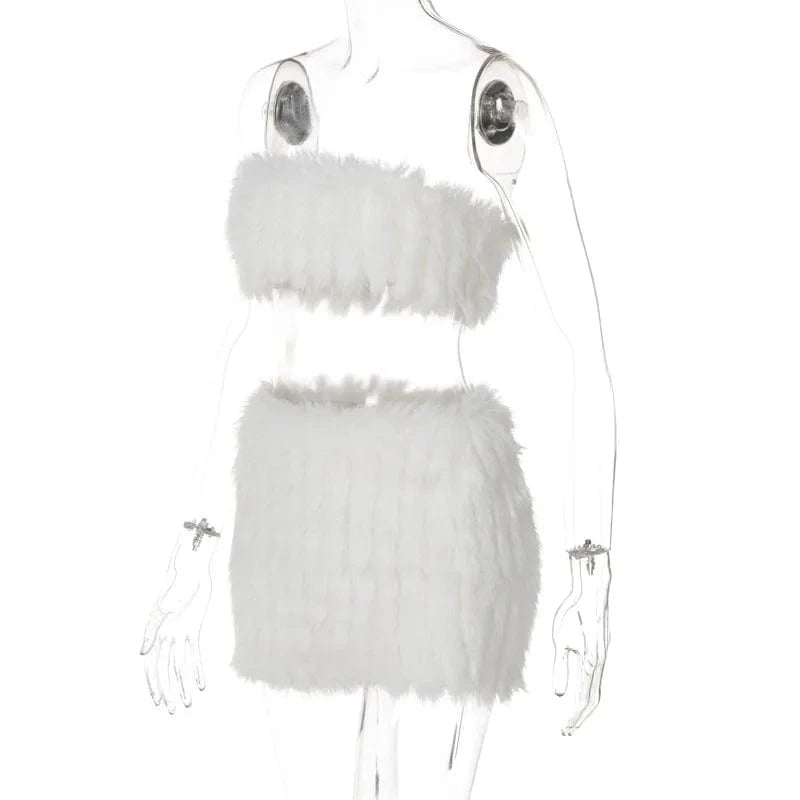 GX4876 Fashion 2024 Women Women's Clothes Boutique Lady Streetwear Fuzzy Outfits Tube Top and Mini Skirt 2 Pieces Sets