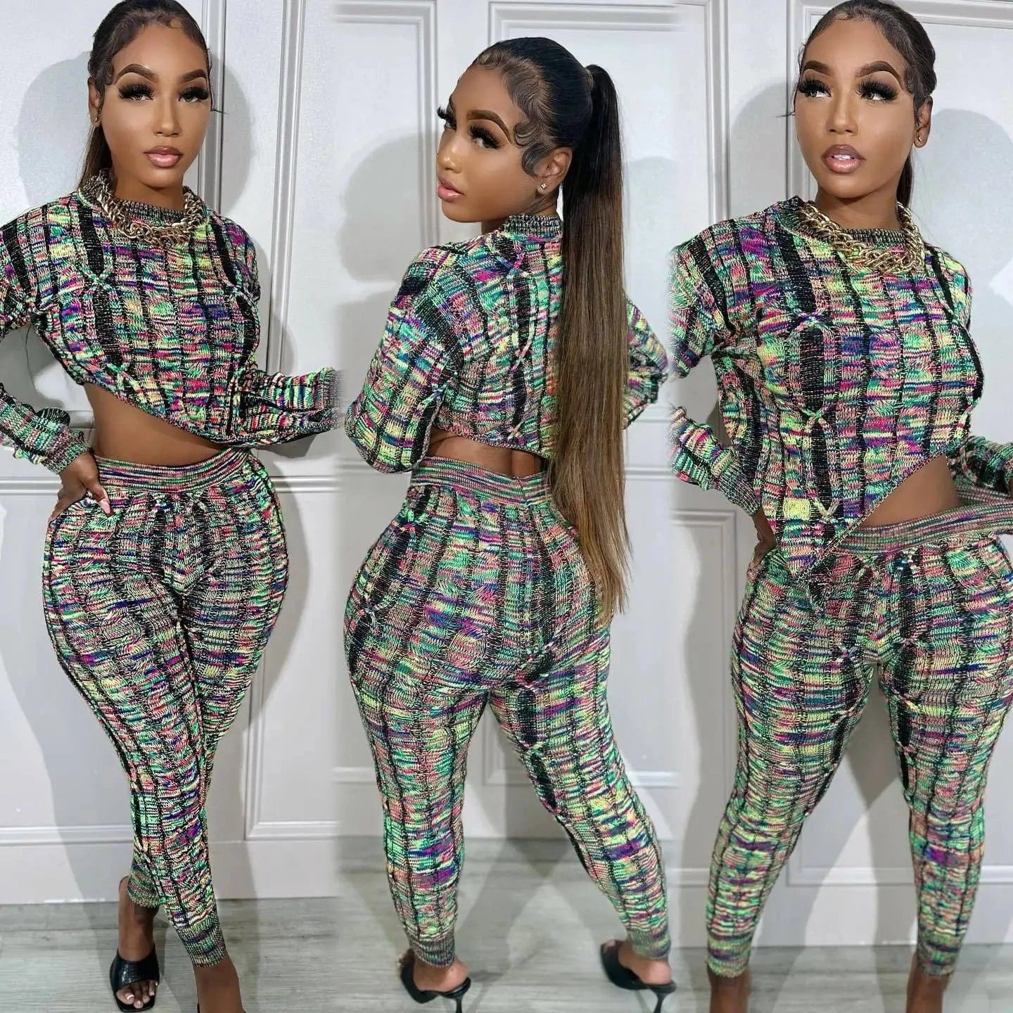 GX51055 New Arrival 2024 Fashion Lady Street Wear Long Sleeve Knitted Irregular Cropped Top and Jogger 2 Piece Pant Set Women