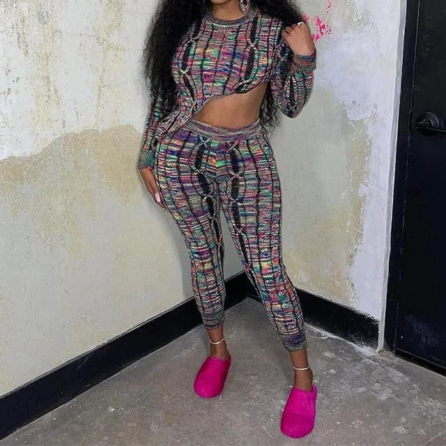 GX51055 New Arrival 2024 Fashion Lady Street Wear Long Sleeve Knitted Irregular Cropped Top and Jogger 2 Piece Pant Set Women