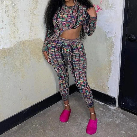 GX51055 New Arrival 2024 Fashion Lady Street Wear Long Sleeve Knitted Irregular Cropped Top and Jogger 2 Piece Pant Set Women