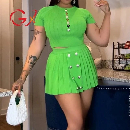 GX5394 Women Knitted Pleated Mini Skirts Suit Fashion 2024 Street Wear Clothes O-neck Short Sleeve T-shirt and Skirt 2 Piece Set