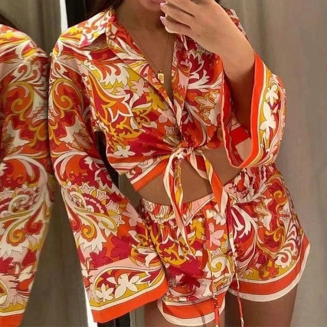 GX6035 Good Quality 2024 Spring Casual Outfit Women Ladies Chic Suit Loungewear Long Sleeve Shirt and Shorts 2 Piece Sets