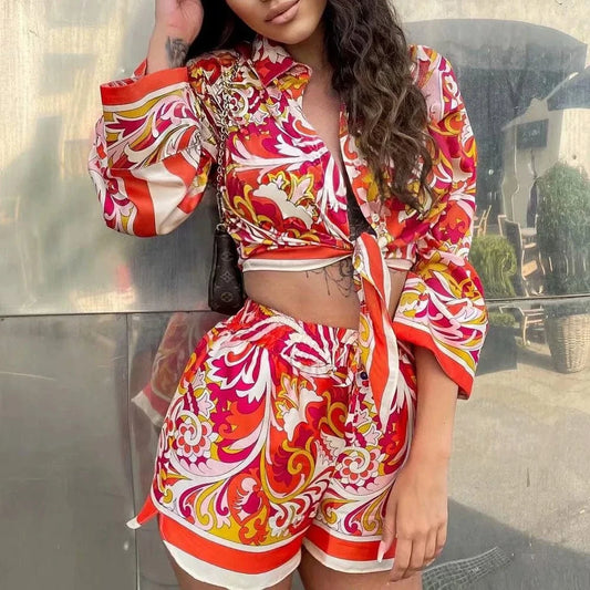 GX6035 Good Quality 2024 Spring Casual Outfit Women Ladies Chic Suit Loungewear Long Sleeve Shirt and Shorts 2 Piece Sets
