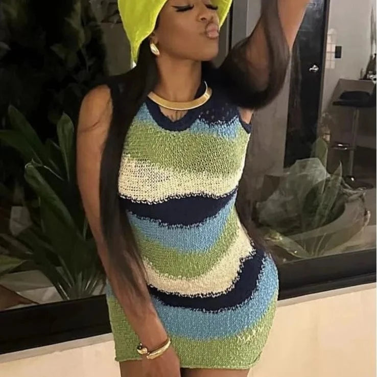 GX6172 Fashion 2024 Summer O-Neck Women's Knitted Sleeveless Mini Dresses Elegant Color Patchwork Dress