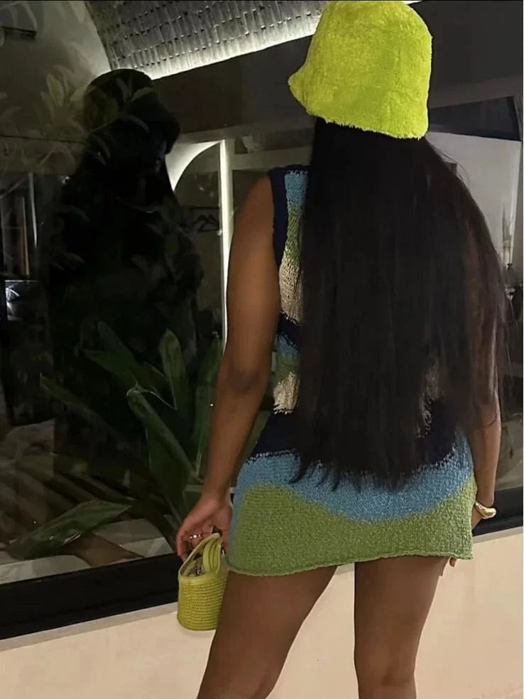 GX6172 Fashion 2024 Summer O-Neck Women's Knitted Sleeveless Mini Dresses Elegant Color Patchwork Dress