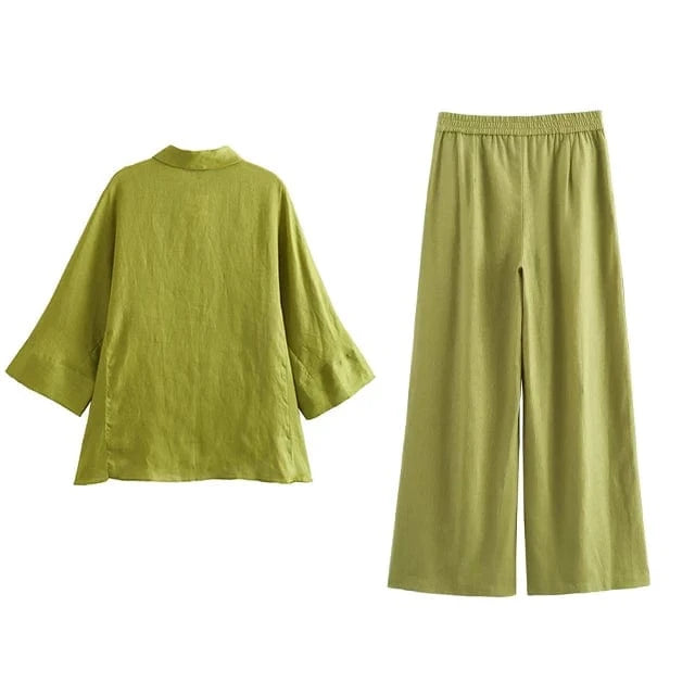 GX7045 Fashion 2024 Good Quality Street Wear Female Lounger Outfit Half Sleeve Shirt and Wide Leg Pant 2 Piece Women Set