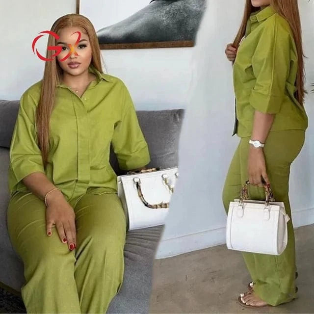 GX7045 Fashion 2024 Good Quality Street Wear Female Lounger Outfit Half Sleeve Shirt and Wide Leg Pant 2 Piece Women Set