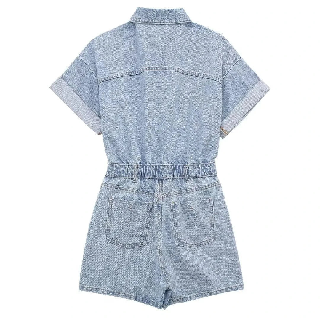 GX7147 Women's summer new street wear sexy jeans bodysuit playsuit ladies sexy short sleeve one piece elegant denim jumpsuit