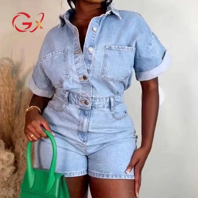 GX7147 Women's summer new street wear sexy jeans bodysuit playsuit ladies sexy short sleeve one piece elegant denim jumpsuit
