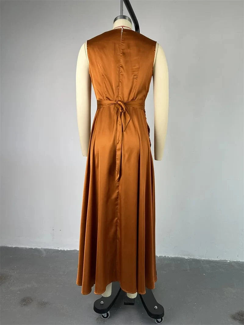 GX7281 Fashion 2024 Summer Sexy Sleeveless Satin Dresses Ladies Ruffle Elegant Unique Irregular Long Dress