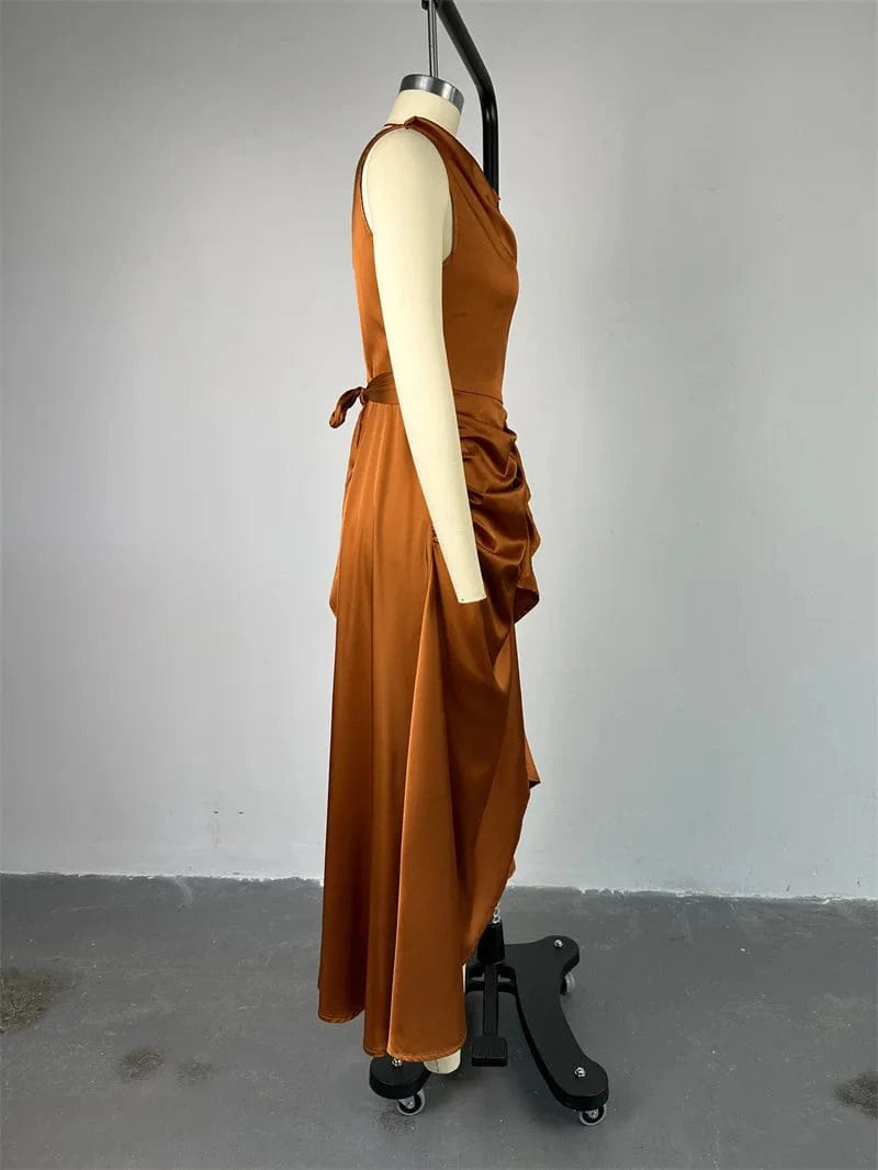 GX7281 Fashion 2024 Summer Sexy Sleeveless Satin Dresses Ladies Ruffle Elegant Unique Irregular Long Dress