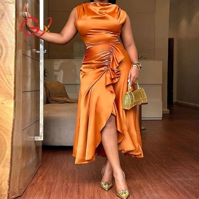 GX7281 Fashion 2024 Summer Sexy Sleeveless Satin Dresses Ladies Ruffle Elegant Unique Irregular Long Dress