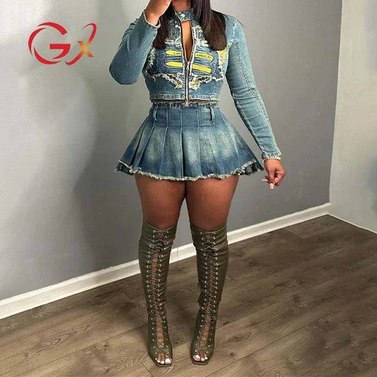 GX8008 Fashion 2024 Clothing Women Boutique Casual Women Denim Outfit Long Sleeve Embroidery Jacket and Mini Skirt 2 Piece Set