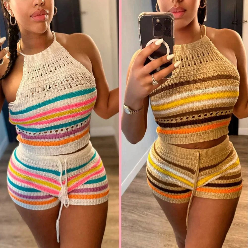 GX8157 New 2024 Summer Unique Women Street Wear Knitted Outfit Sleeveless Strip Crop Top and Shorts Matching Suit 2 Piece Set