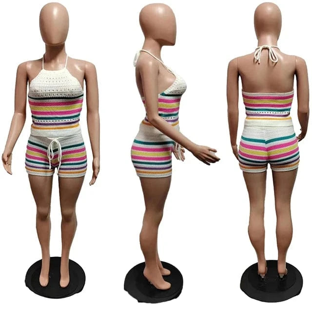GX8157 New 2024 Summer Unique Women Street Wear Knitted Outfit Sleeveless Strip Crop Top and Shorts Matching Suit 2 Piece Set
