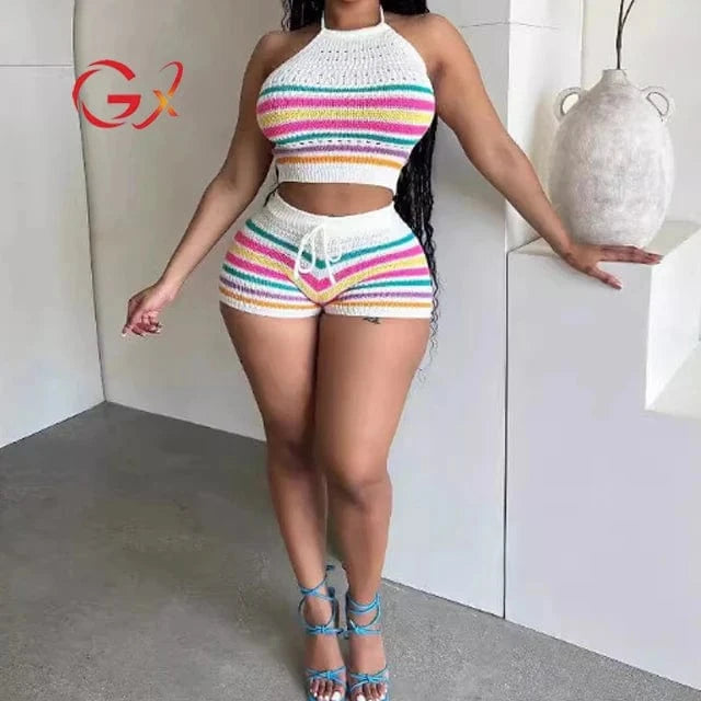 GX8157 New 2024 Summer Unique Women Street Wear Knitted Outfit Sleeveless Strip Crop Top and Shorts Matching Suit 2 Piece Set