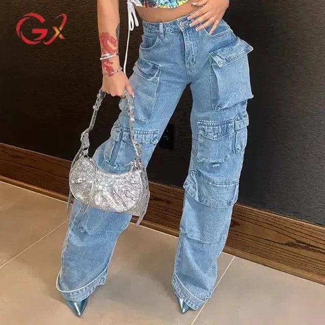 GX8294 Wholesale Fashion Ladies Jeans Women's Straight Hip-Hop Multi-Pocket Cargo Denim Pant