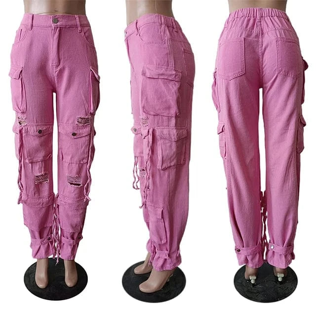 GX8483 Women's Fashion Street Wear New Multi-pocket Ripped Straight Washable Jeans Retro Casual Cargo Denim Pant