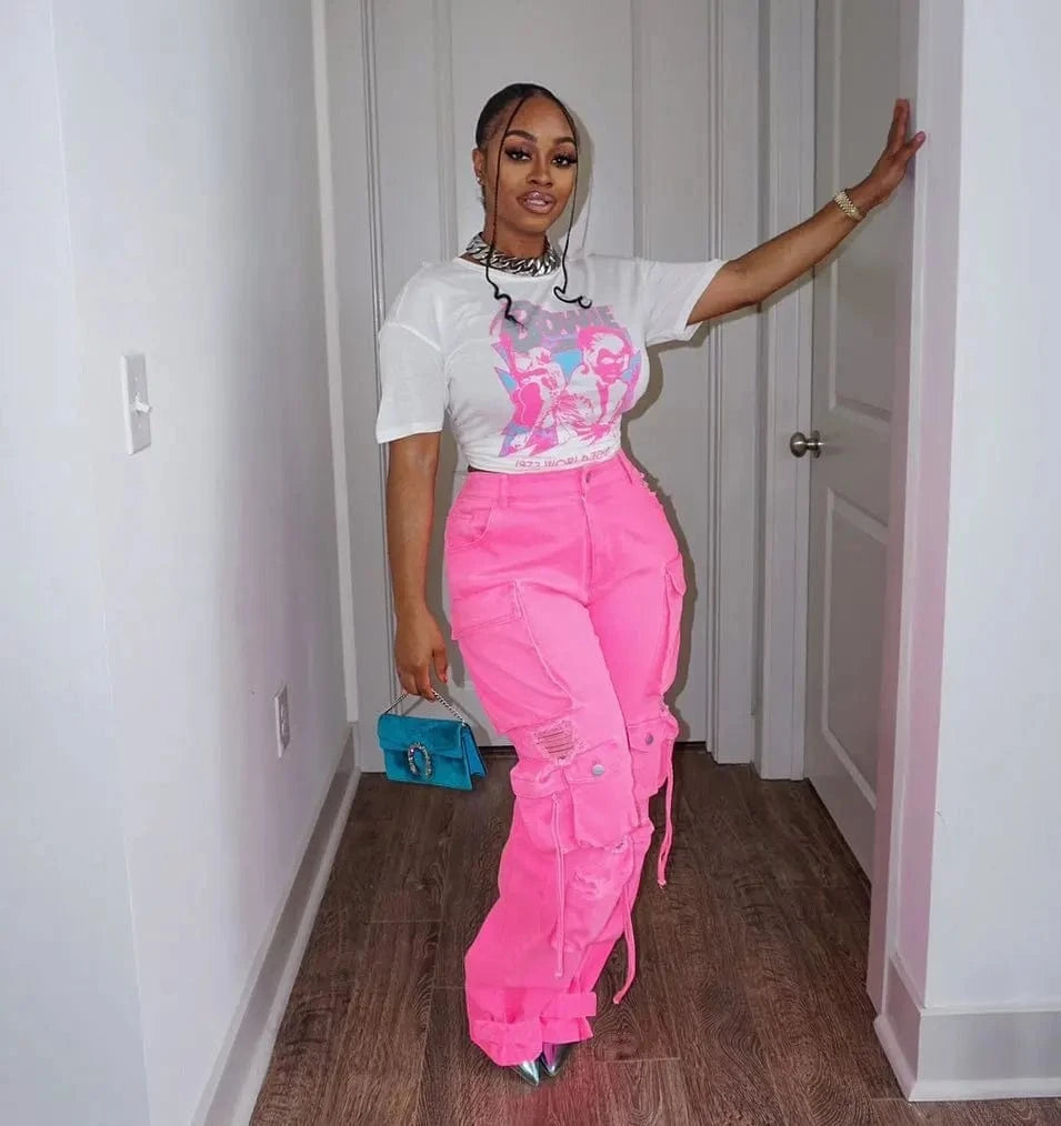 GX8483 Women's Fashion Street Wear New Multi-pocket Ripped Straight Washable Jeans Retro Casual Cargo Denim Pant