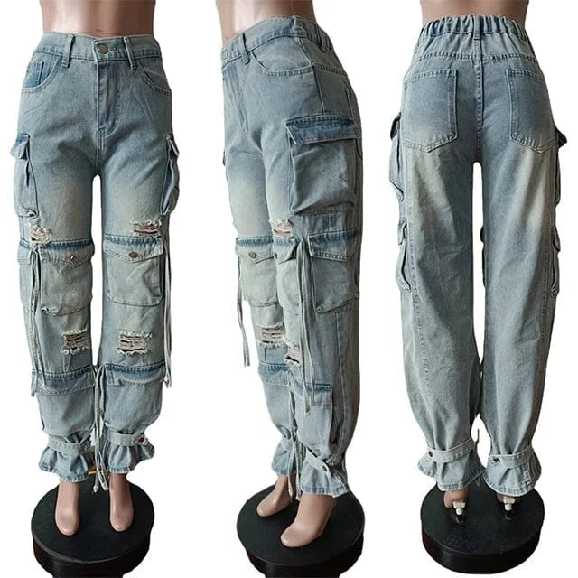 GX8483 Women's Fashion Street Wear New Multi-pocket Ripped Straight Washable Jeans Retro Casual Cargo Denim Pant