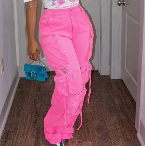 GX8483 Women's Fashion Street Wear New Multi-pocket Ripped Straight Washable Jeans Retro Casual Cargo Denim Pant