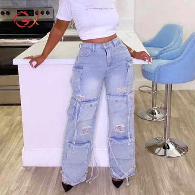 GX8483 Women's Fashion Street Wear New Multi-pocket Ripped Straight Washable Jeans Retro Casual Cargo Denim Pant