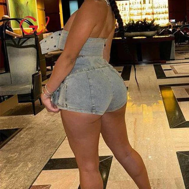 GX8563 Fashion 2024 Summer Boutique Street Wear Denim Tube Tops and Unique Cross Breastplate Jeans Shorts Sexy Women 2 Piece Set