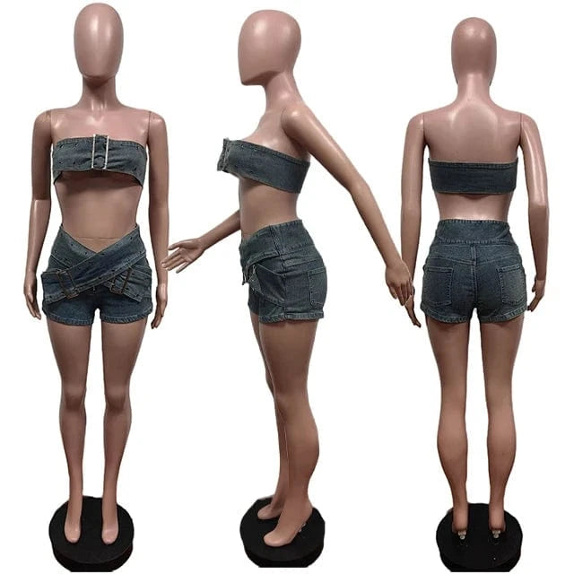 GX8563 Fashion 2024 Summer Boutique Street Wear Denim Tube Tops and Unique Cross Breastplate Jeans Shorts Sexy Women 2 Piece Set