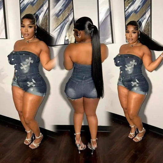GX8565 Fashion 2024 Summer Sleeveless Jeans One Piece Backless Casual Cross Style Tube Denim Romper and Jumpsuit Women