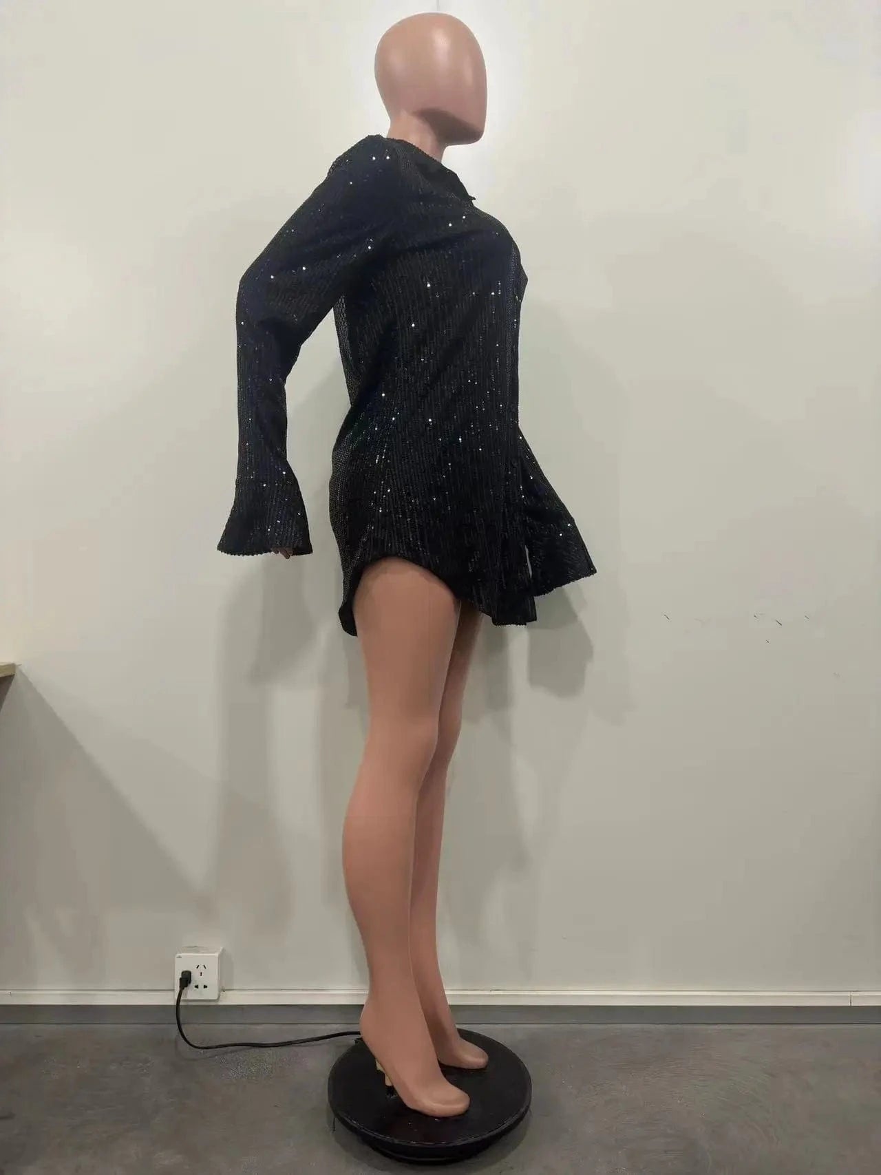 GX8657 Fashion 2024 Elegant Long Sleeve Casual Sequin Dresses Spring Long Flare Sleeve Shirt Dress