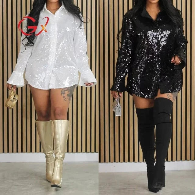 GX8657 Fashion 2024 Elegant Long Sleeve Casual Sequin Dresses Spring Long Flare Sleeve Shirt Dress