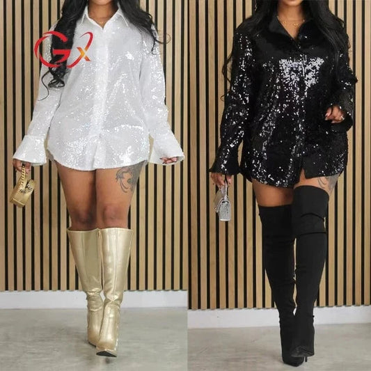 GX8657 Fashion 2024 Elegant Long Sleeve Casual Sequin Dresses Spring Long Flare Sleeve Shirt Dress