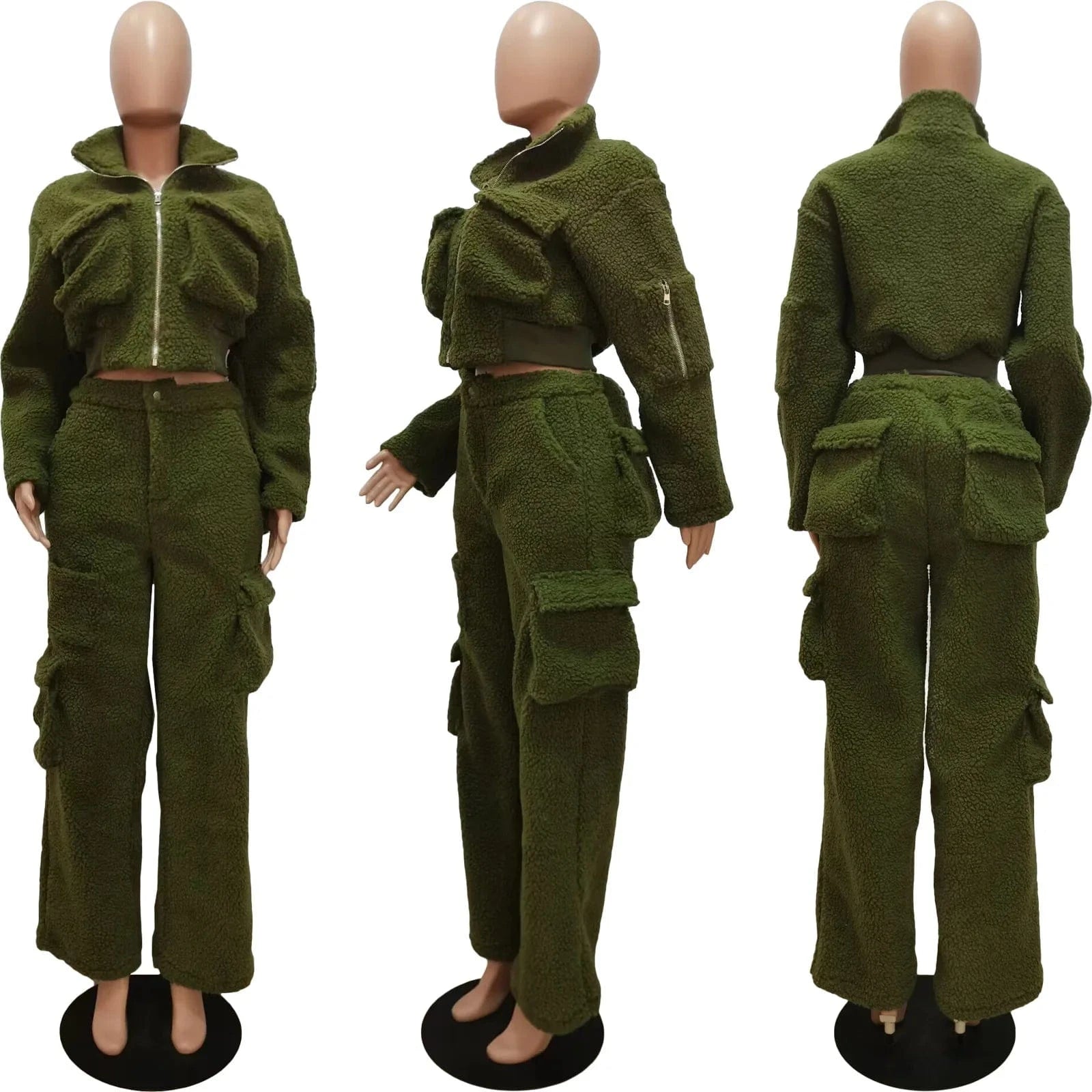 GX8701 Fashion Winter Warm Woolen Fleece Pocket Long Sleeve Jacket and Pant 2 Piece Set Women