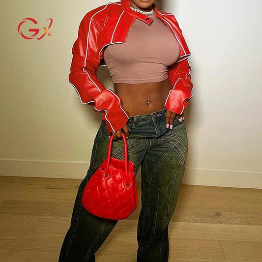 GX8722 new arrival 2024 spring motorcycle long sleeve zipper women casual leather cropped jacket