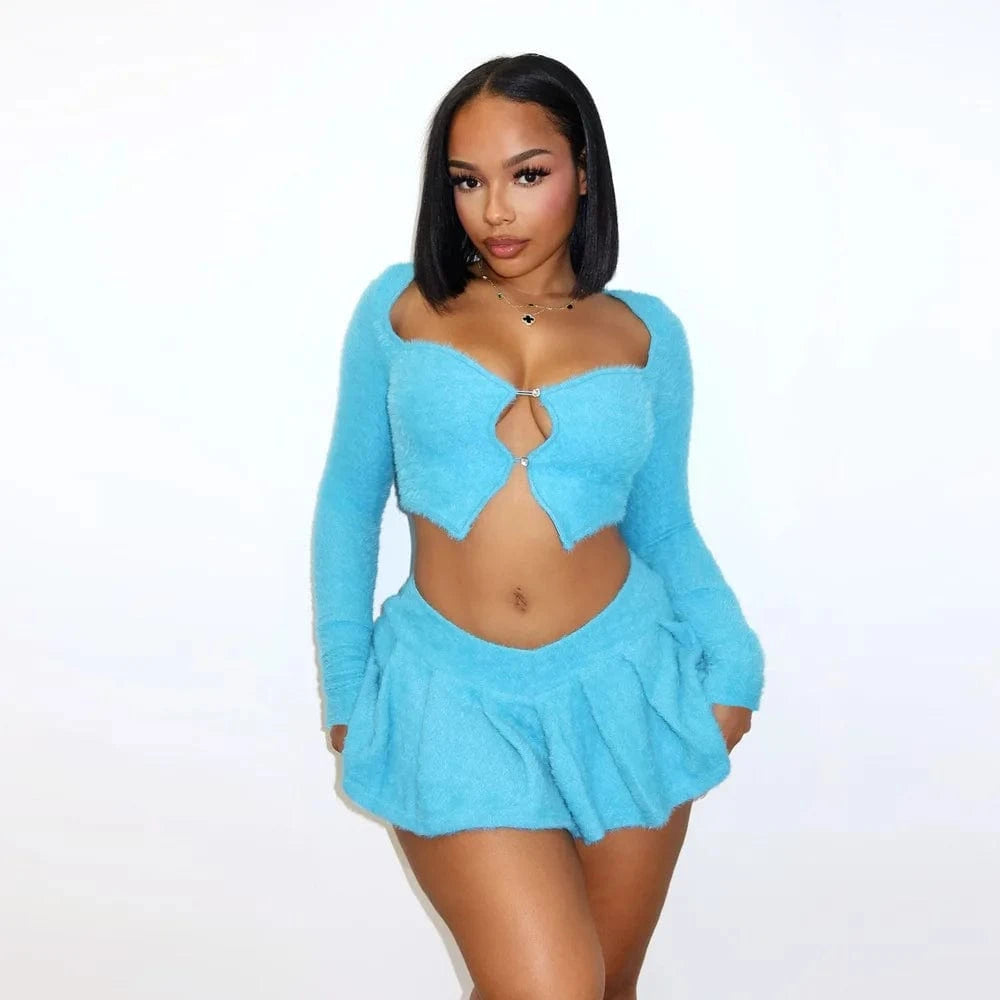 GX9437 Wholesale 2024 spring street wear sexy fuzzy outfit long sleeve cropped top and mini pleated skirt women 2 piece set
