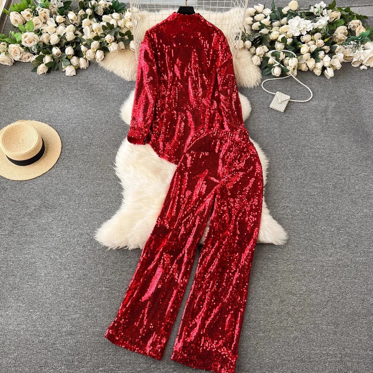 GX9524 New Arrival 2024 Spring Fashion Lady Street Wear Long Sleeve Bling Sequin Shirt and Wide Leg Pant 2 Piece Set Women