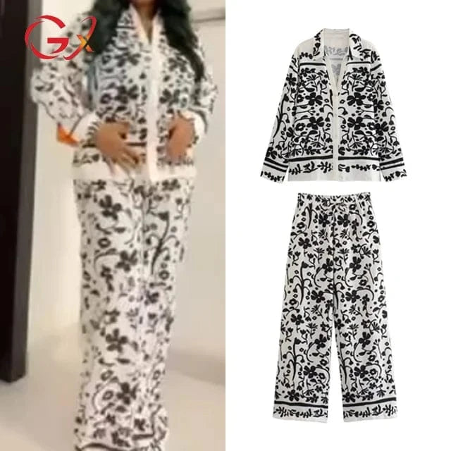 GX9574 Fashion 2024 Boutique Street Wear Women Street Wear Elegant Long Sleeve V-neck Shirt and Pant 2 Piece Set