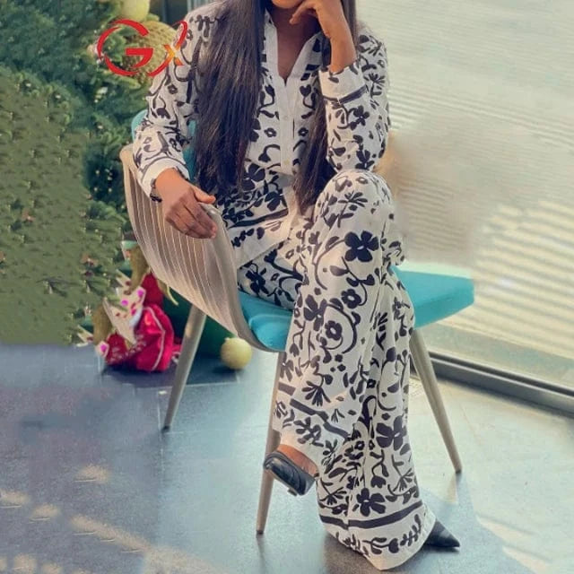 GX9574 Fashion 2024 Boutique Street Wear Women Street Wear Elegant Long Sleeve V-neck Shirt and Pant 2 Piece Set