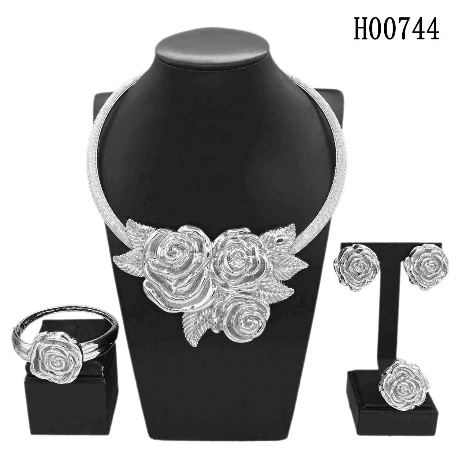 H00744 High Quality Wholesale Price Silver African Jewelry Rose Design Italian Jewelry Set 925 Silver Plated Necklace Set For Women