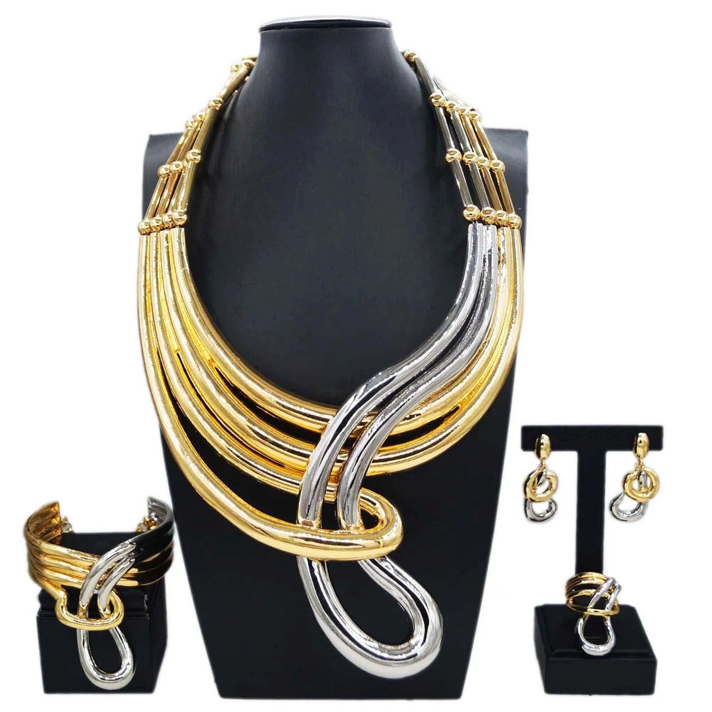 H20175 Fashion 24 k Gold Plated Bracelet Necklace Jewelry Set African Jewelry For Women 2 Tones Gold And Silver Jewelry Necklace Sets