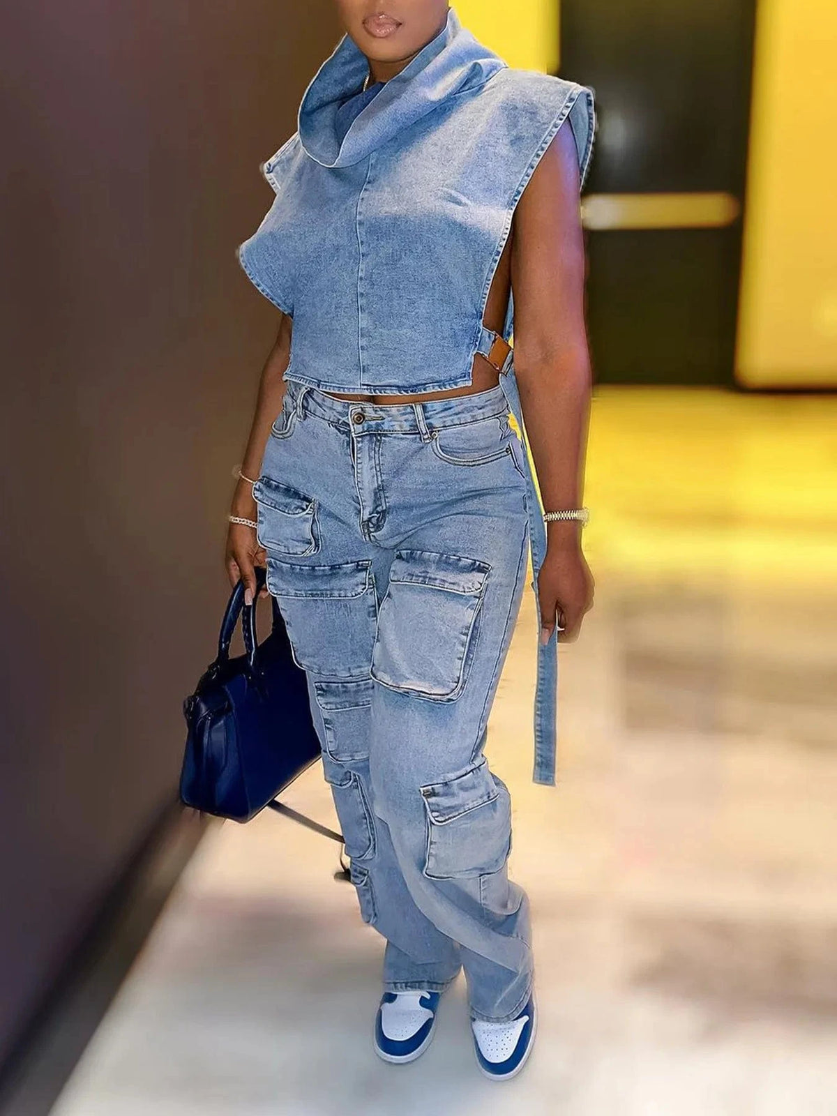 H88003 / L Multi Pockets Jeans Cargo Pants Sexy Women High Waist Elegant Streetwear Denim Casual Straight Trousers