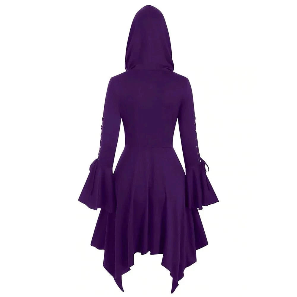 Halloween Women's Gothic Hooded Ruffle Flared Sleeve Lace Up Cloak Cape Tunic Tops Ladies Party Witch Costume Size S-2XL