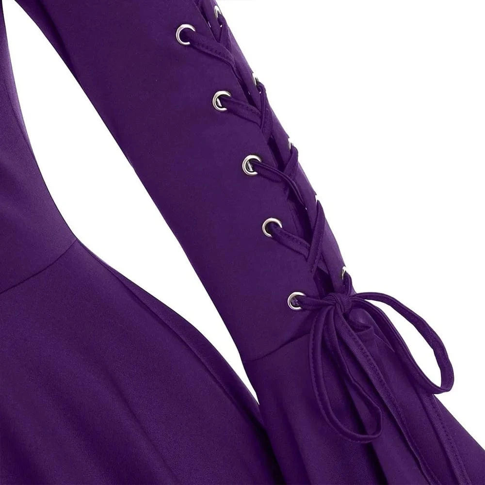 Halloween Women's Gothic Hooded Ruffle Flared Sleeve Lace Up Cloak Cape Tunic Tops Ladies Party Witch Costume Size S-2XL