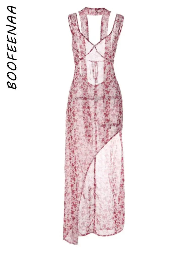 Halter Maxi Dress Backless Floral Print Chiffon Beach Vacation Style Elegant Resort Wear - SN Wigs & More